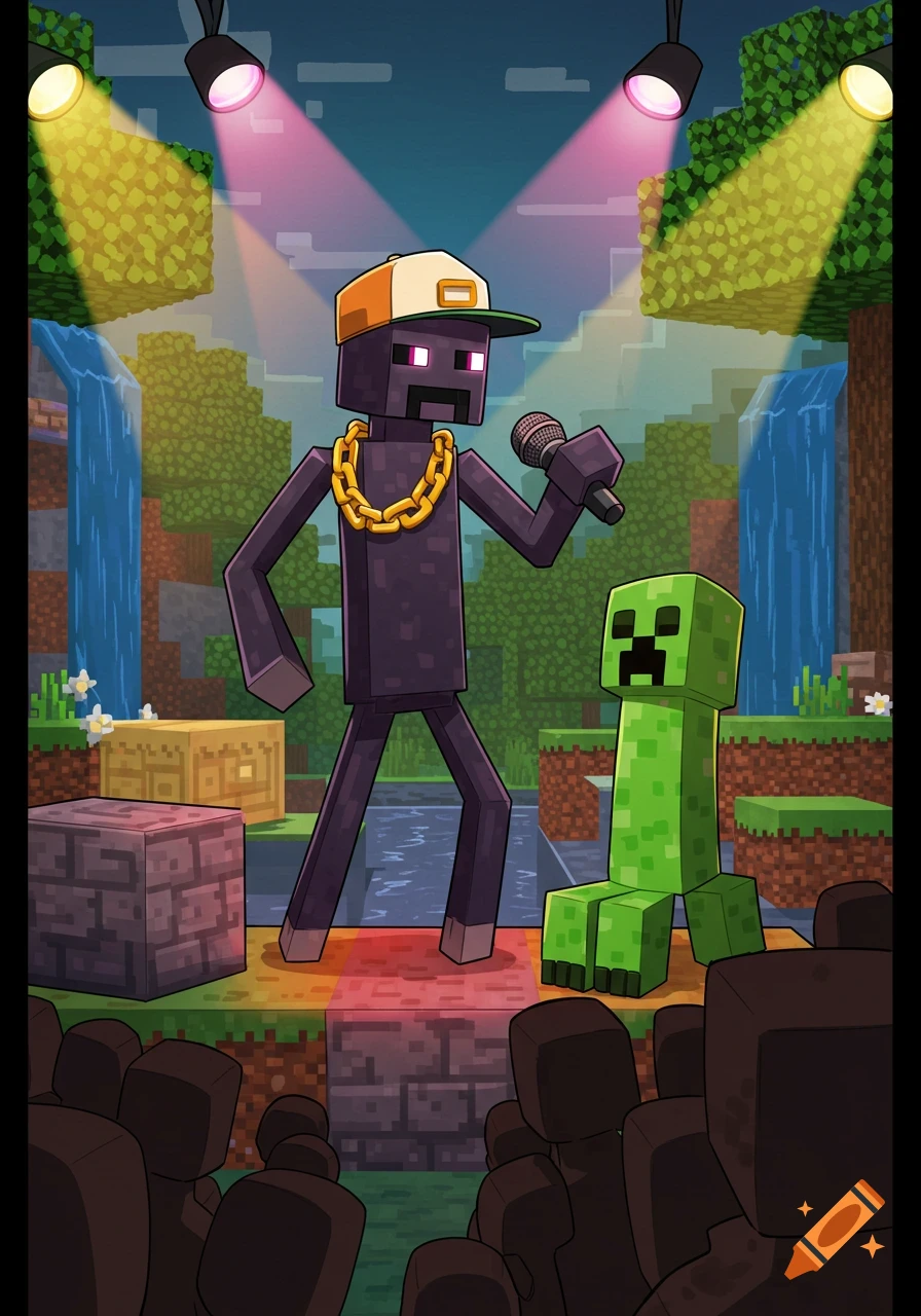 Digital illustration of a Minecraft Enderman rapping on stage next to a Creeper with a crowd watching.