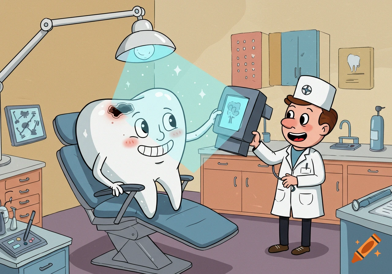 Cartoon tooth in dentist chair getting xray from dentist