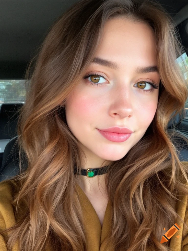 Close-up photorealistic portrait of a young woman with brown hair and brown eyes