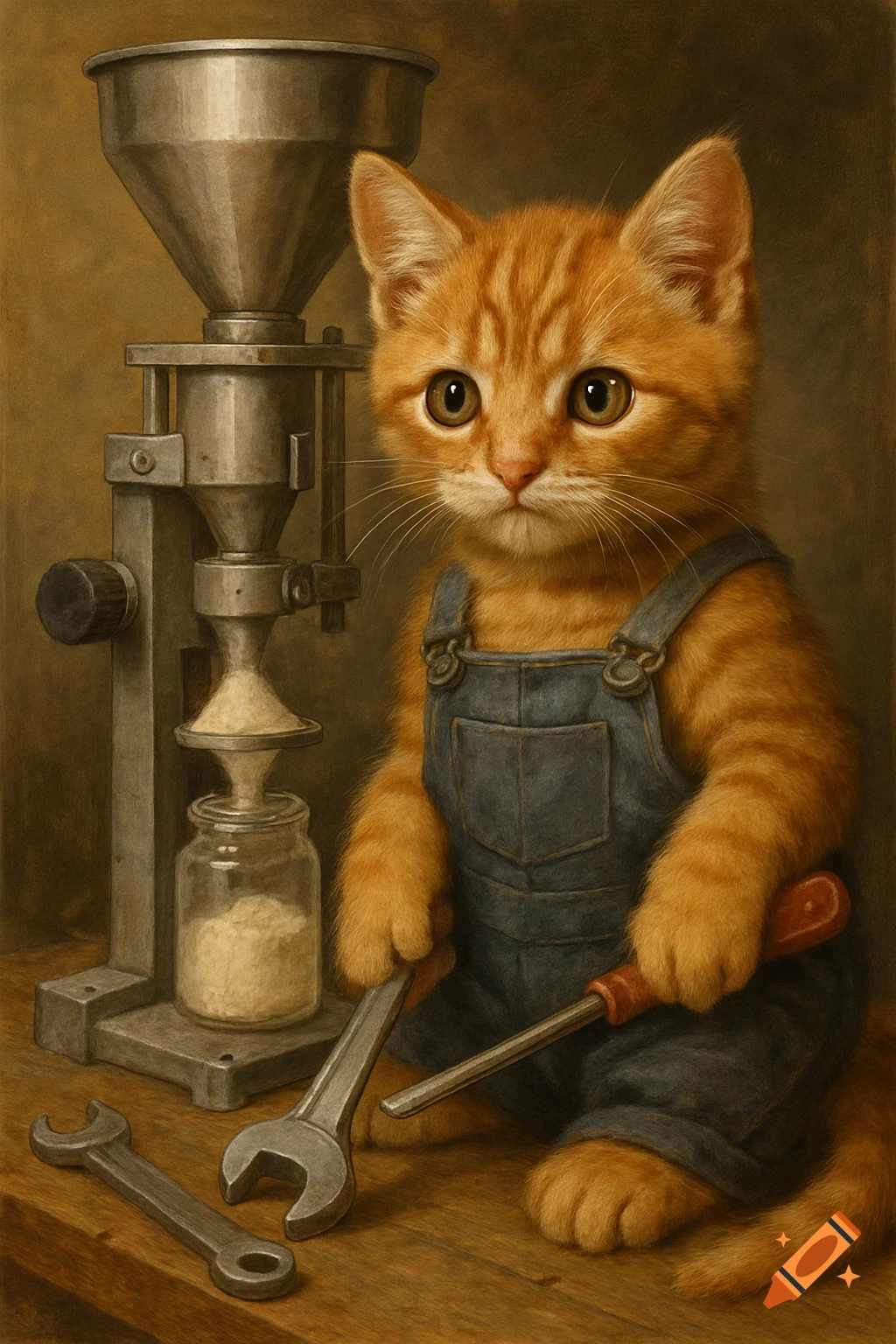 A kitten in overalls works on a machine with tools.