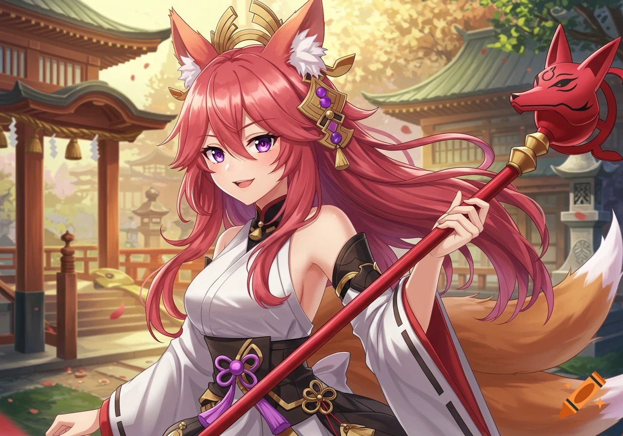 Anime illustration of Yae Miko with pink hair and fox ears, smiling and holding a staff in front of a temple.