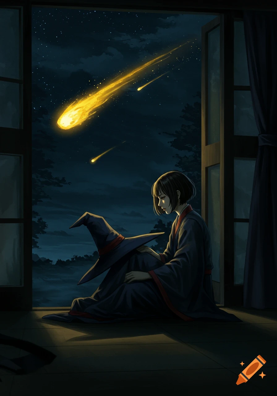 Painting of a woman holding a witch hat by a window at night, watching meteors in the dark sky.