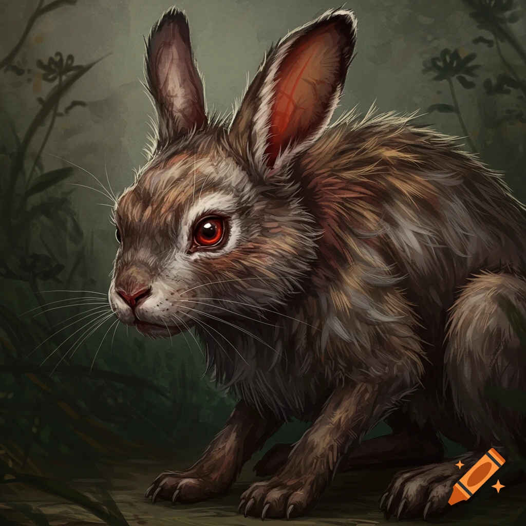A feral rabbit with red eyes sits in a forest.