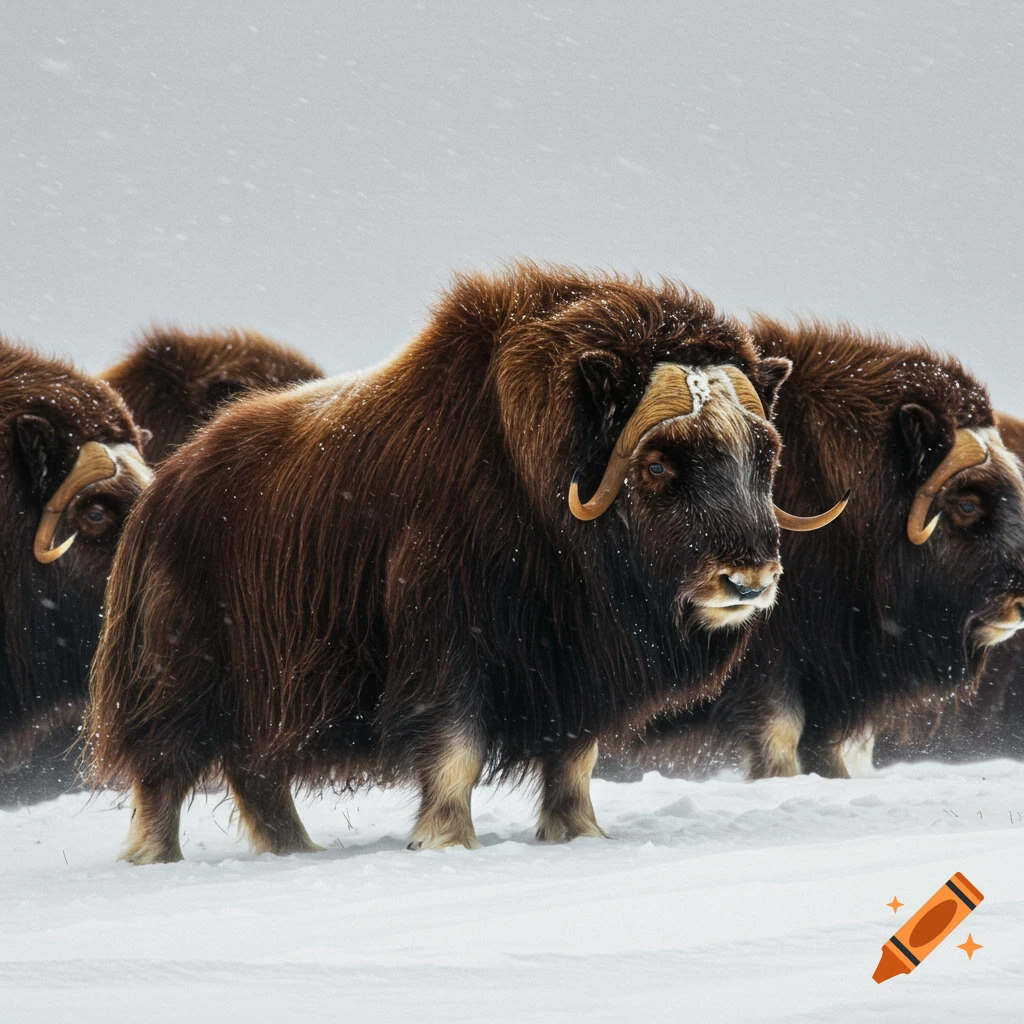 Several muskoxen stand in a snowy, stormy landscape.