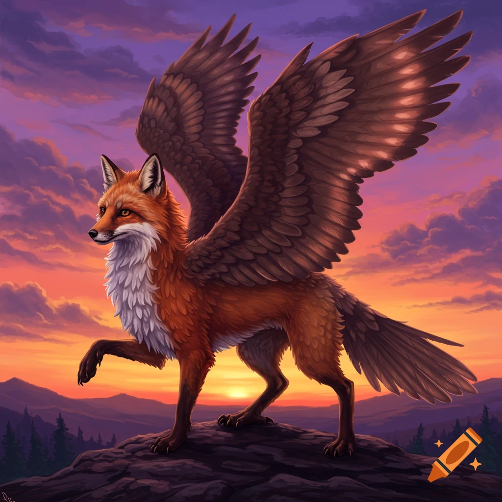 A winged fox stands on a rock at sunset in a mountainous landscape.