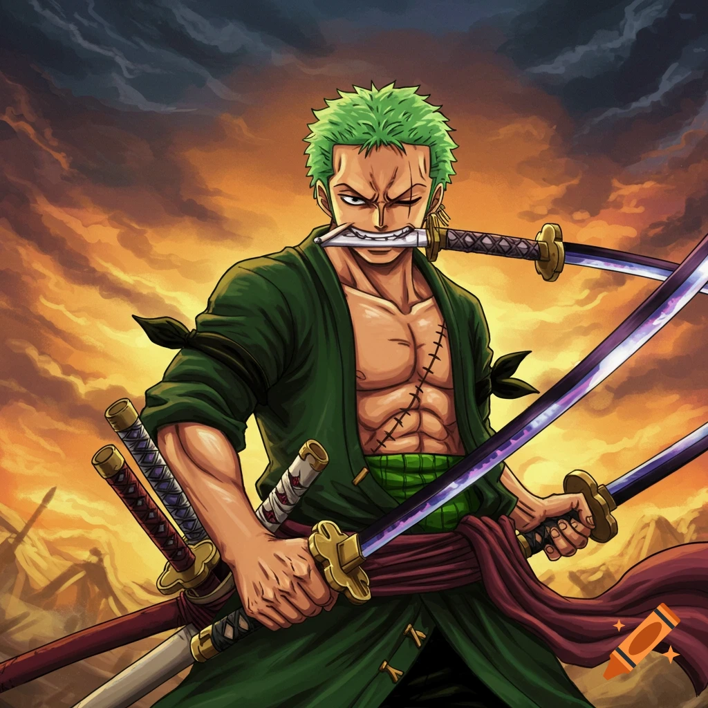 Anime character Zoro holding three swords with a dramatic sky background.