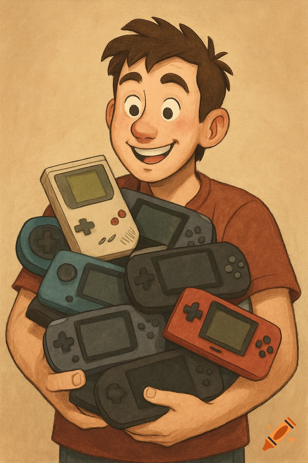 a young man holding many handheld game consoles.