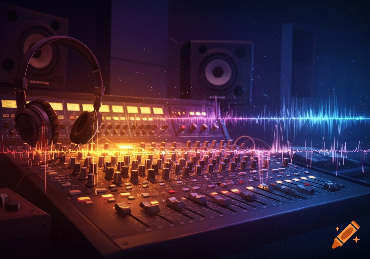 Headphones on a mixing board with colorful sound waves in an audio studio.