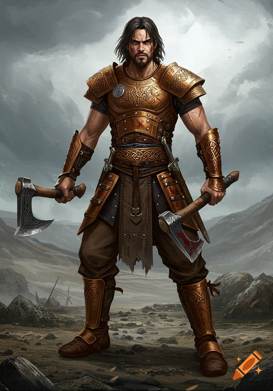 A Viking warrior in golden armor holding two axes in a rocky landscape.