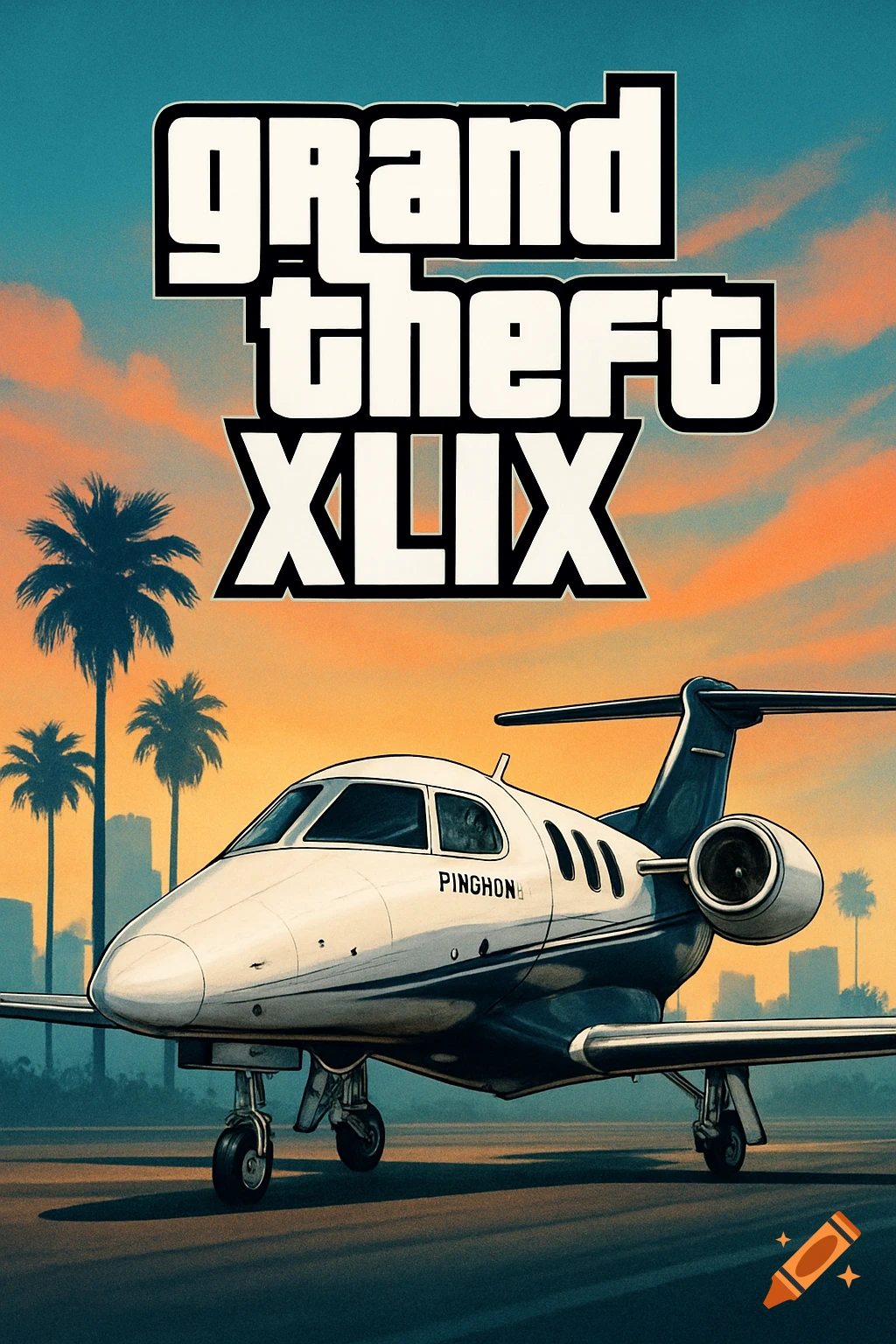 Illustrative image of a private jet on a runway with palm trees, city skyline, and 'grand theft XLIX' logo.