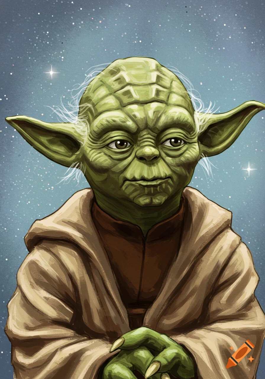 A portrait of Yoda from Star Wars, rendered against a starry background.