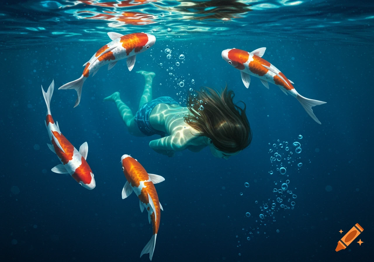 A person swims underwater with four koi fish.