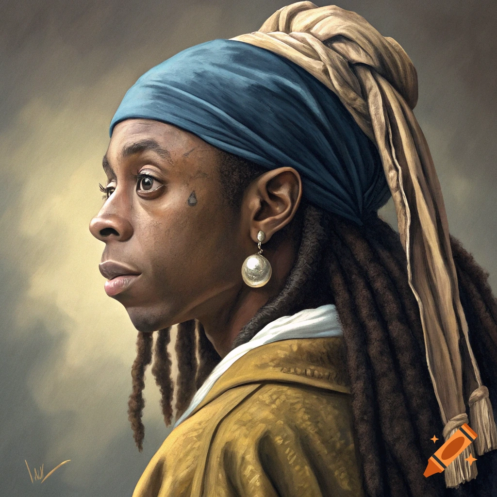 Portrait of a person resembling Lil Wayne in the style of Girl with the Pearl Earring, with dreadlocks.