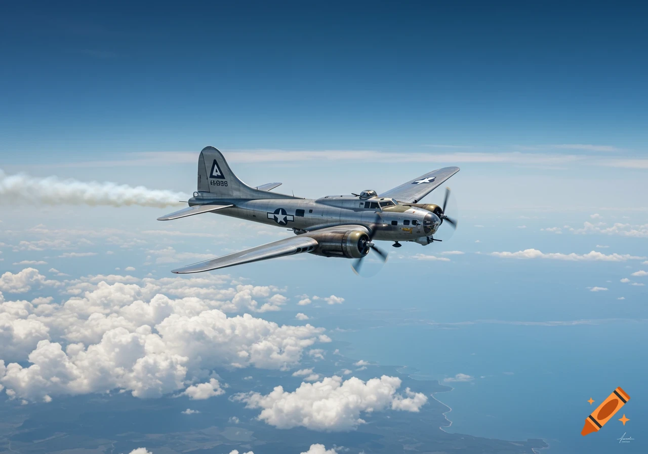 A B-17 Flying Fortress bomber flies through a blue sky with clouds over land and water.