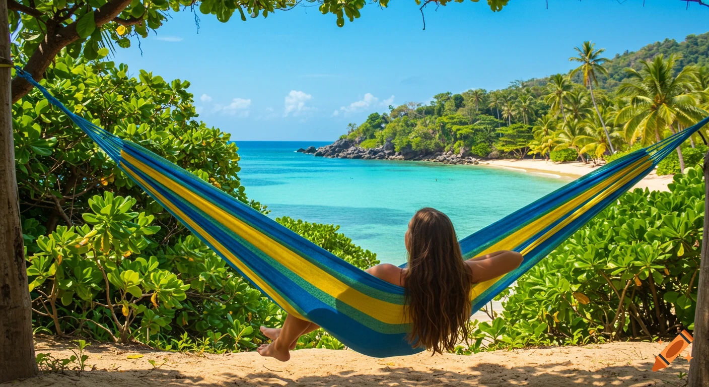 Person relaxing in a hammock on a tropical beach. Photorealistic.