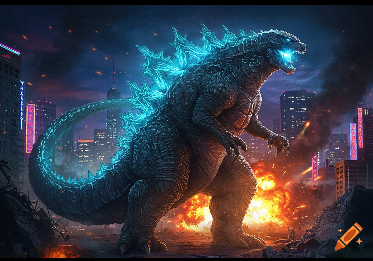 A giant monster resembling Godzilla with glowing blue spikes and mouth stands in a burning, destroyed city at night. Digital art.