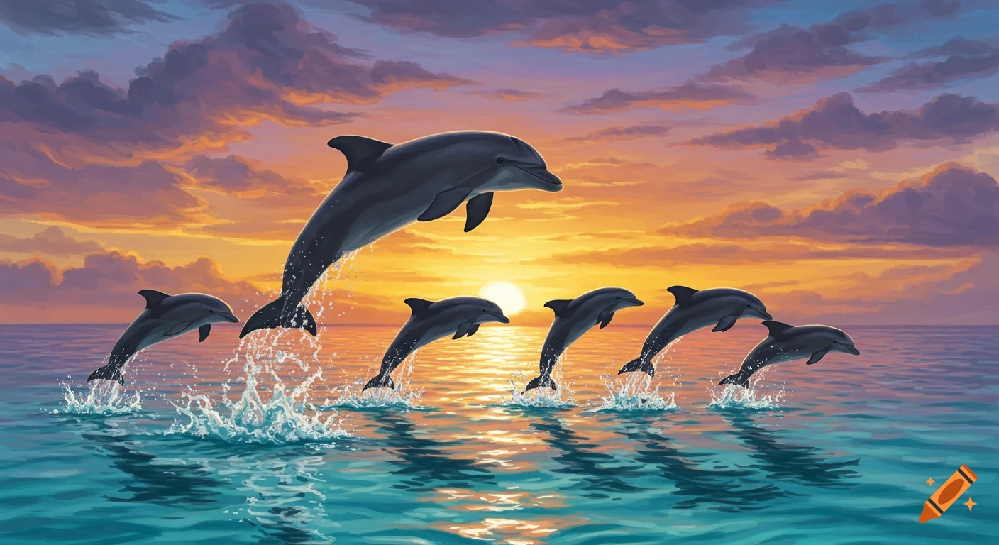 Dolphins jumping out of the water at sunset.