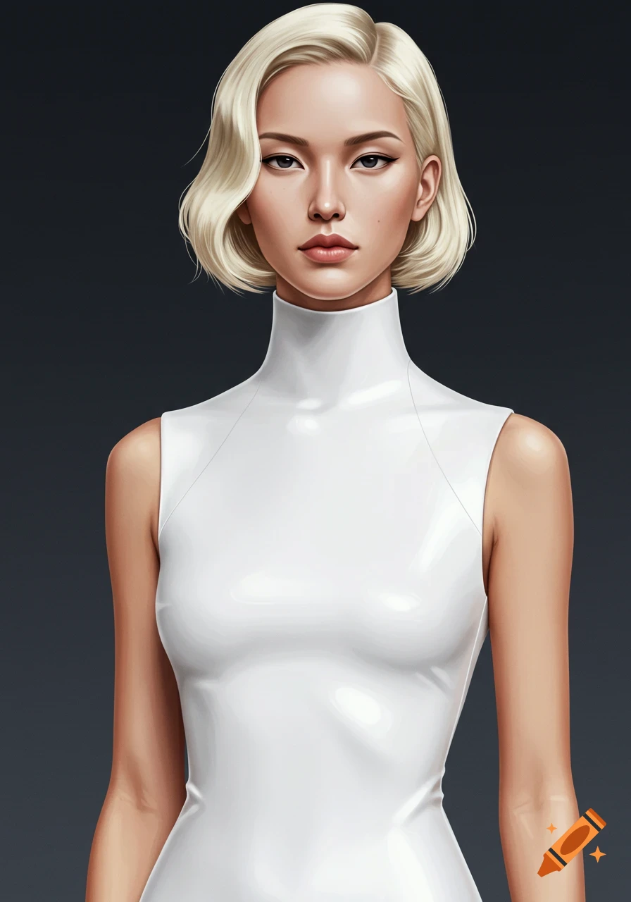 A woman with blonde hair in a high-neck white dress