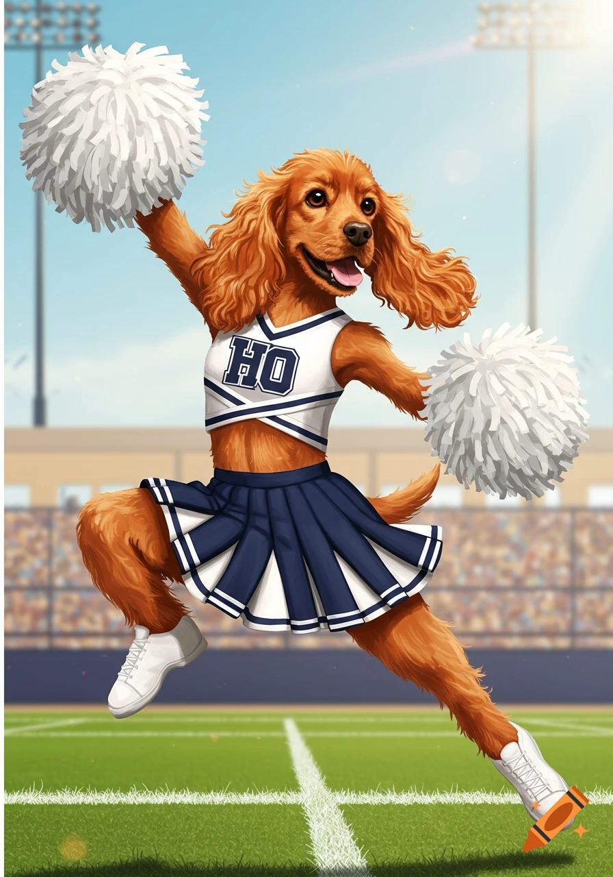 A red cocker spaniel dog in a cheerleader uniform jumping on a football field.