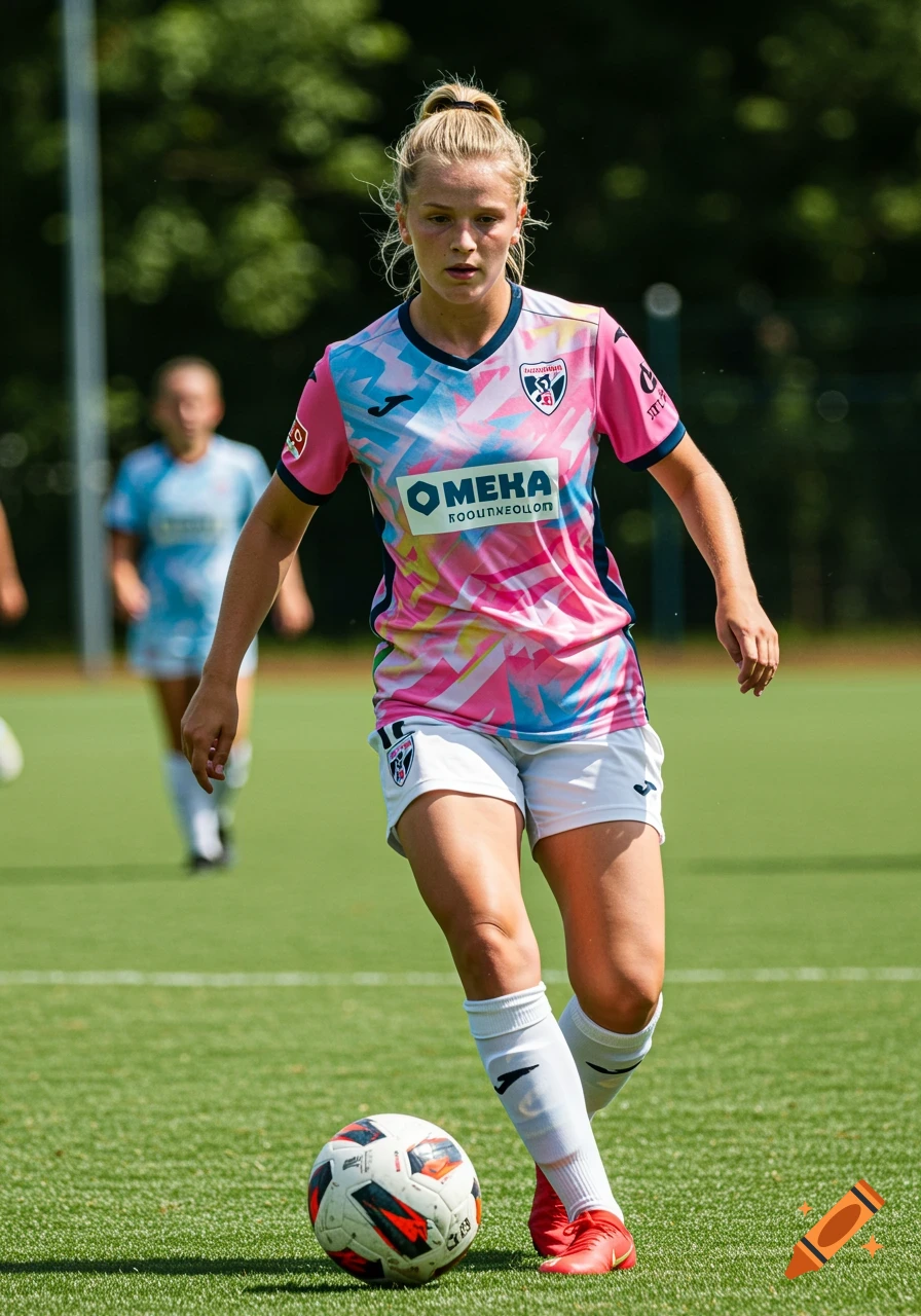 Female soccer player in a pink and blue jersey kicking a ball on a field
