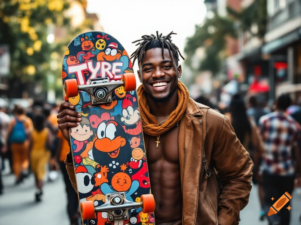 A smiling man with dreadlocks holds a colorful skateboard in a busy street.