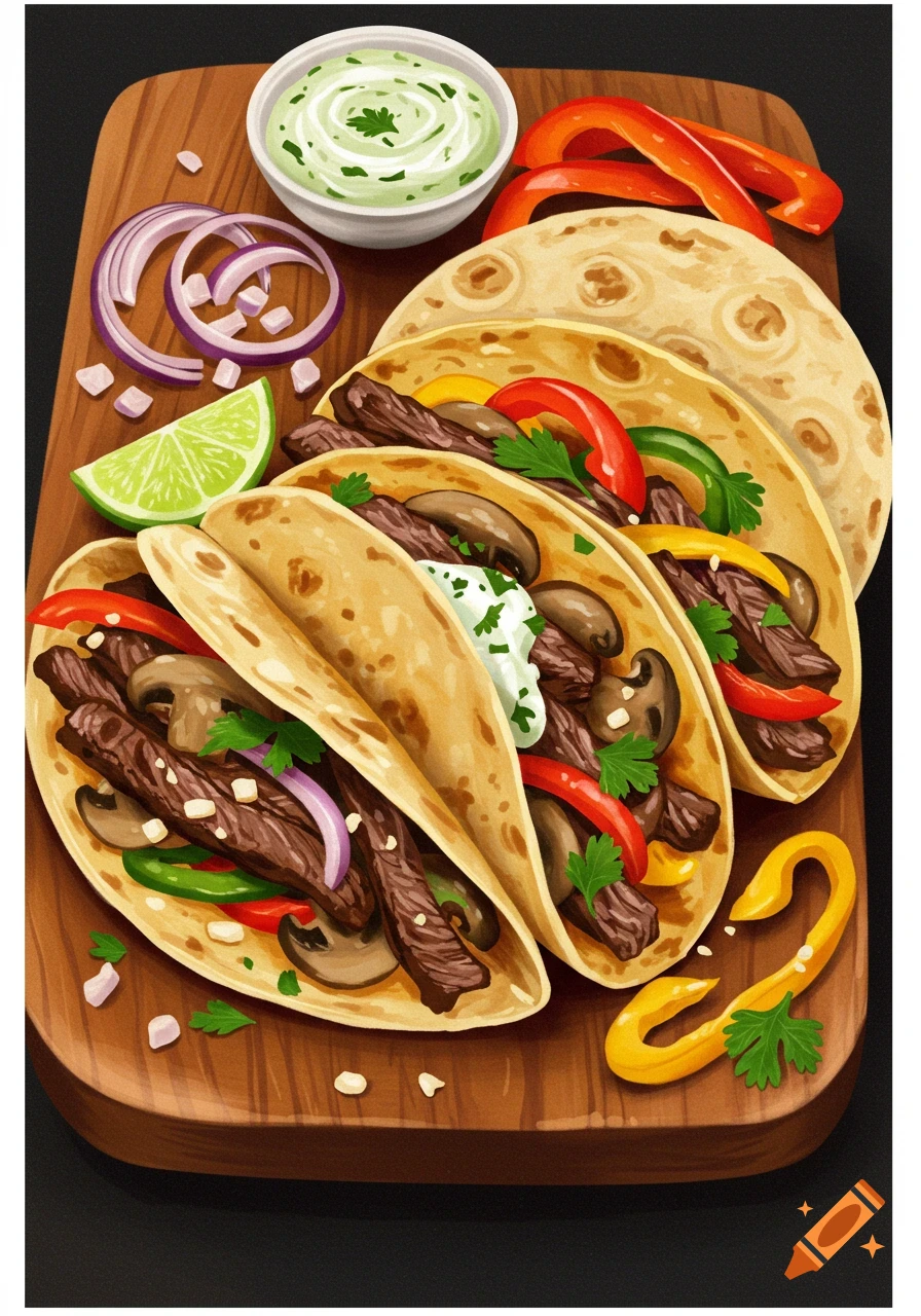 Beef and mushroom fajitas on a wooden board with red onion, lime, and sauce.
