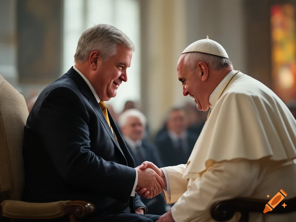 Pope Francis shaking hands with a man in a suit in a church, photorealistic style