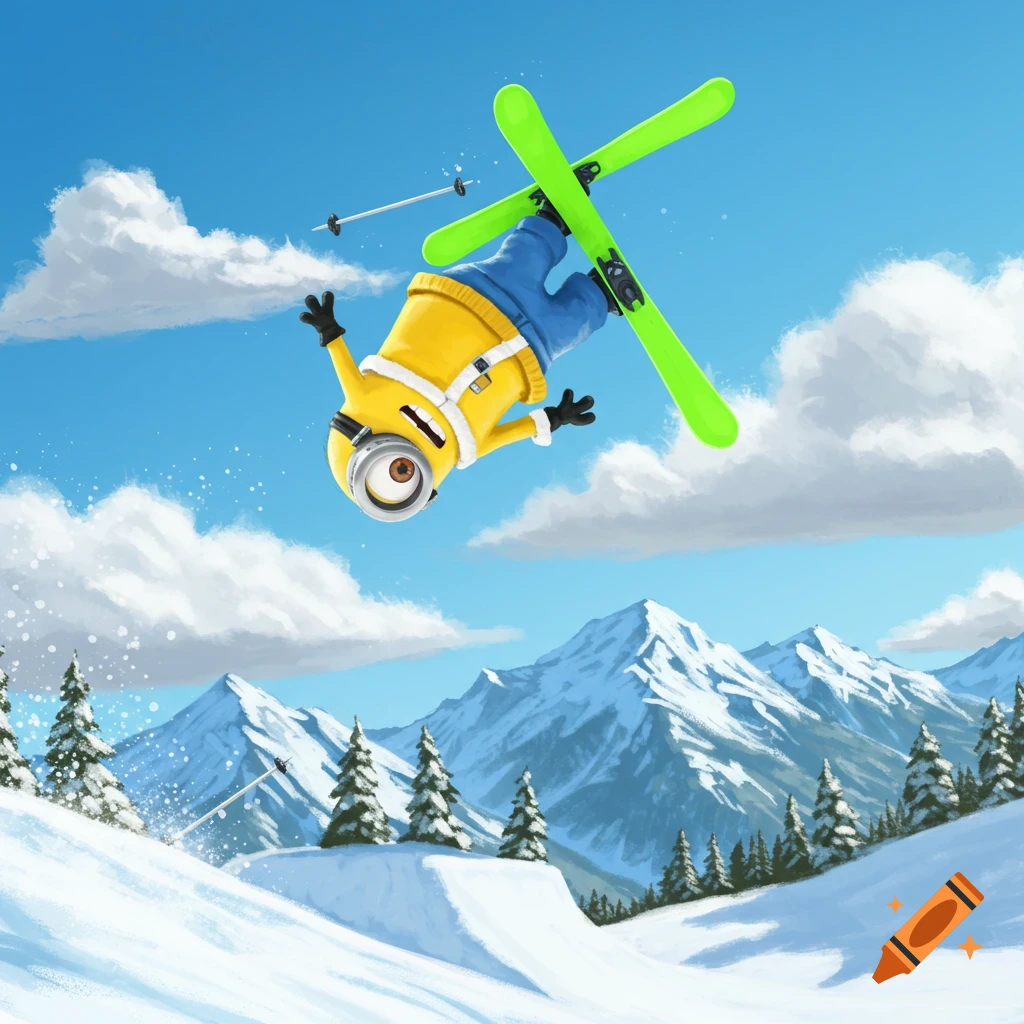 A Minion doing a backflip on skis high above a snowy mountain range.