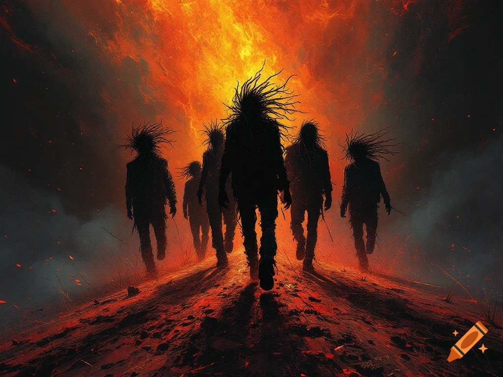 Silhouetted figures walk on a fiery landscape towards a blaze in the sky.