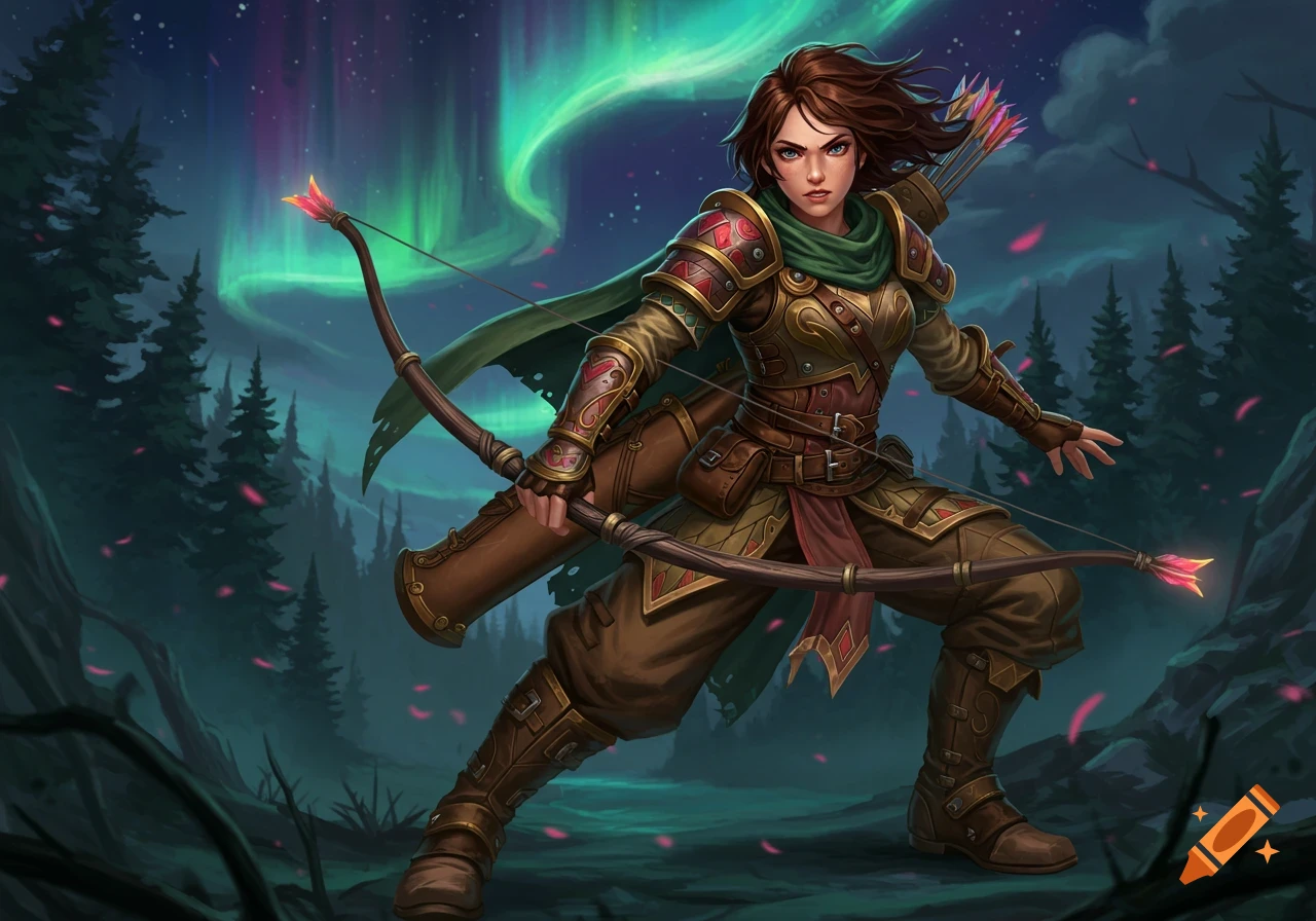 A female fantasy archer stands against a backdrop of the aurora borealis.