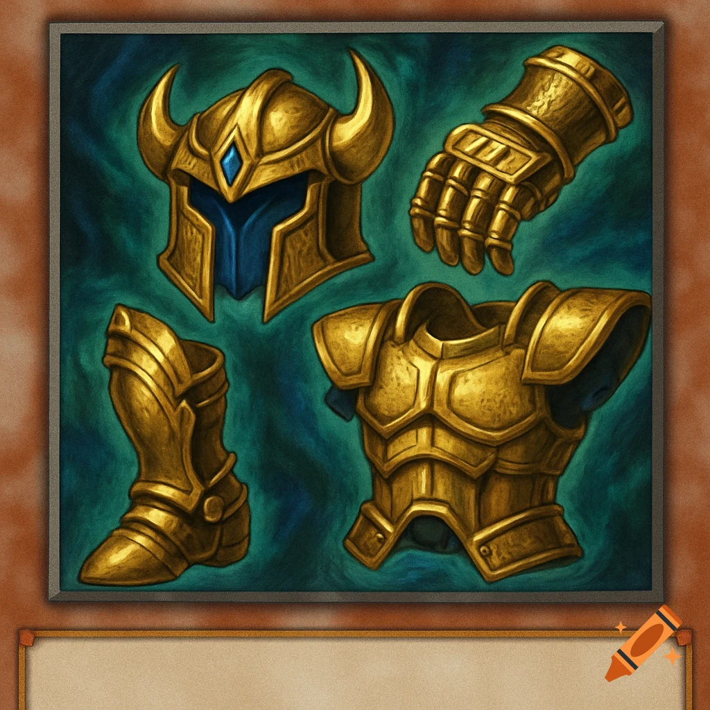 Fantasy golden armor pieces: horned helmet, gauntlet, greave, and chest plate, on a blue background in a card art style.