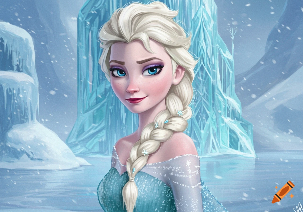 Portrait of Elsa from Frozen in an ice palace setting.