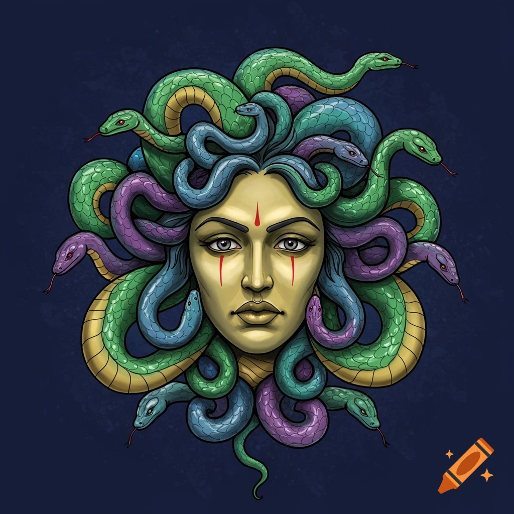 Digital illustration of Medusa with colorful snakes for hair against a dark background.