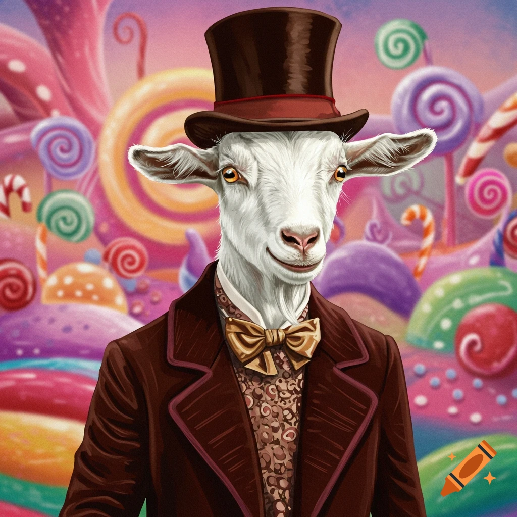 A goat wearing a top hat and suit in a colorful candy landscape