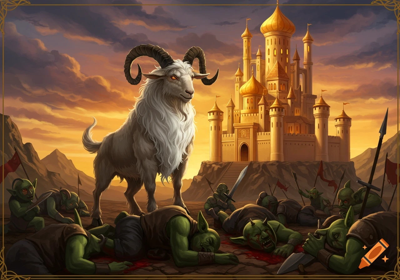 Heroic goat stands over fallen goblin enemies before a golden castle at sunset.