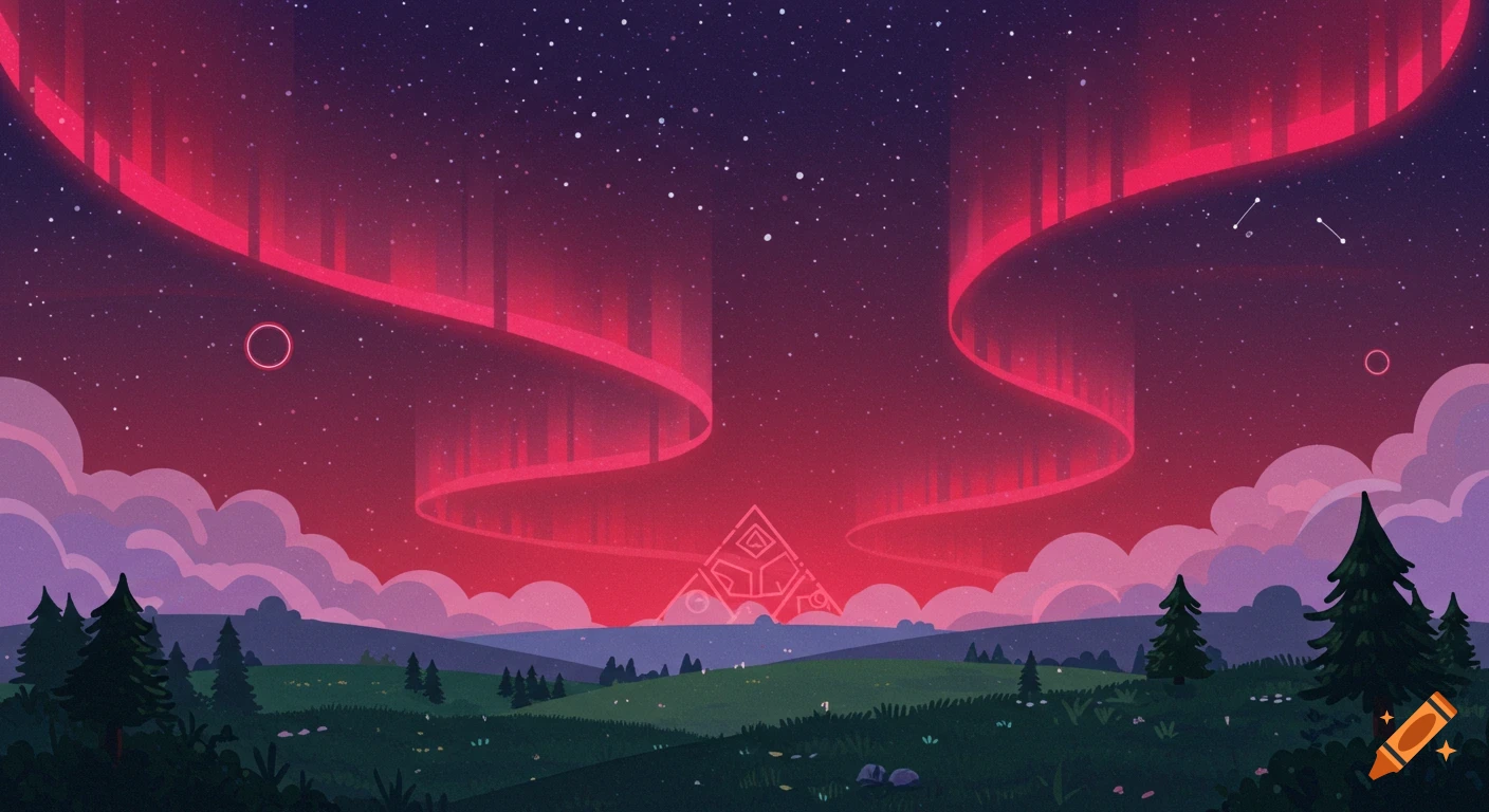 Stylized landscape with a red aurora, starry sky, hills, trees, and a glowing pyramid with symbols. Cute, videogame style.