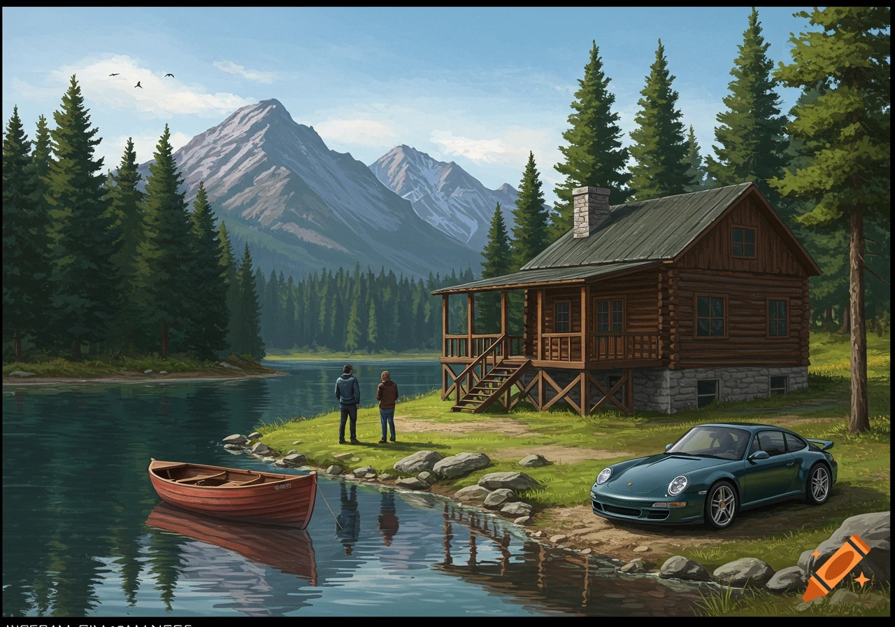 Cabin by a lake with mountains, forest, a boat, a green Porsche, and two people standing nearby.