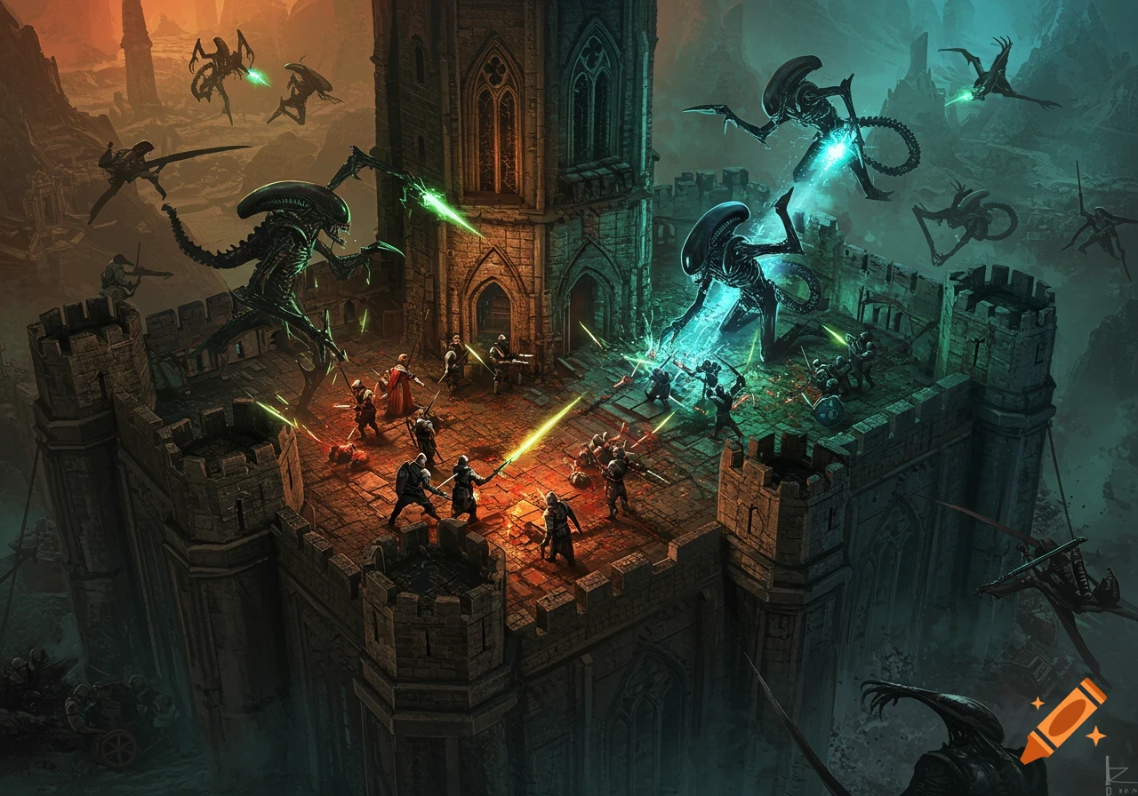 Alien xenomorphs attacking a medieval fantasy fortress defended by humans.