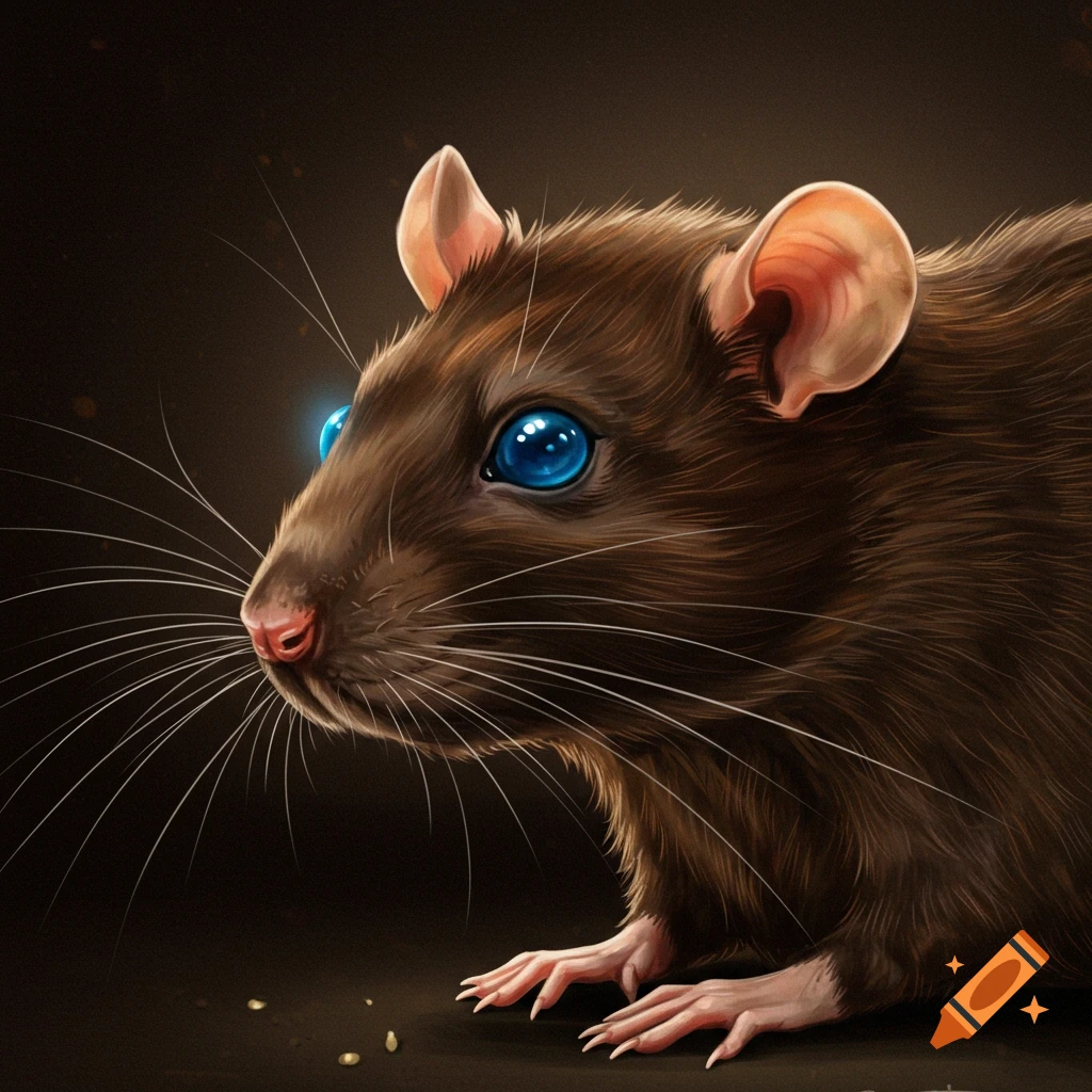 Close-up of a brown rat with bright blue eyes.