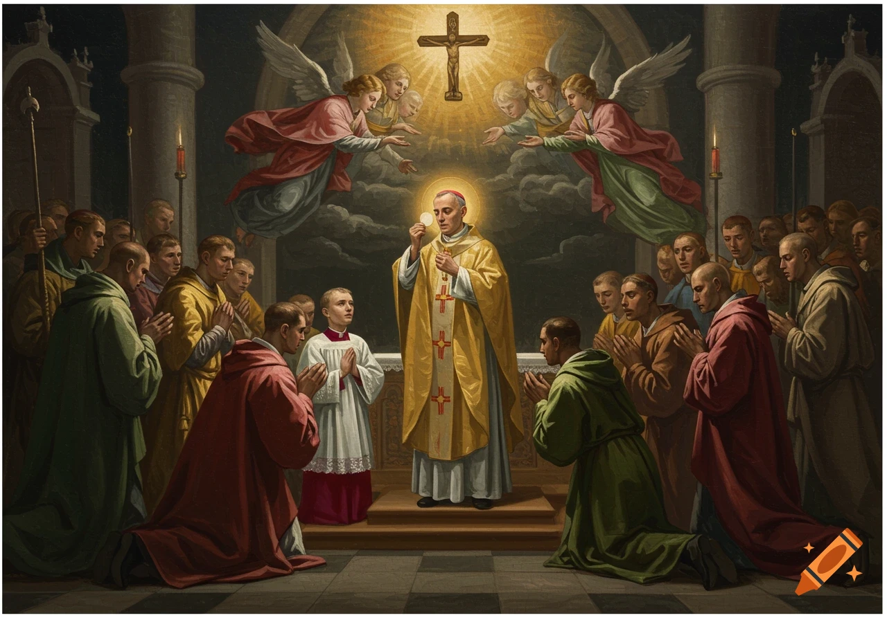 A painting of a Catholic mass with a priest holding the host, surrounded by kneeling and standing figures, with angels and a cross above.