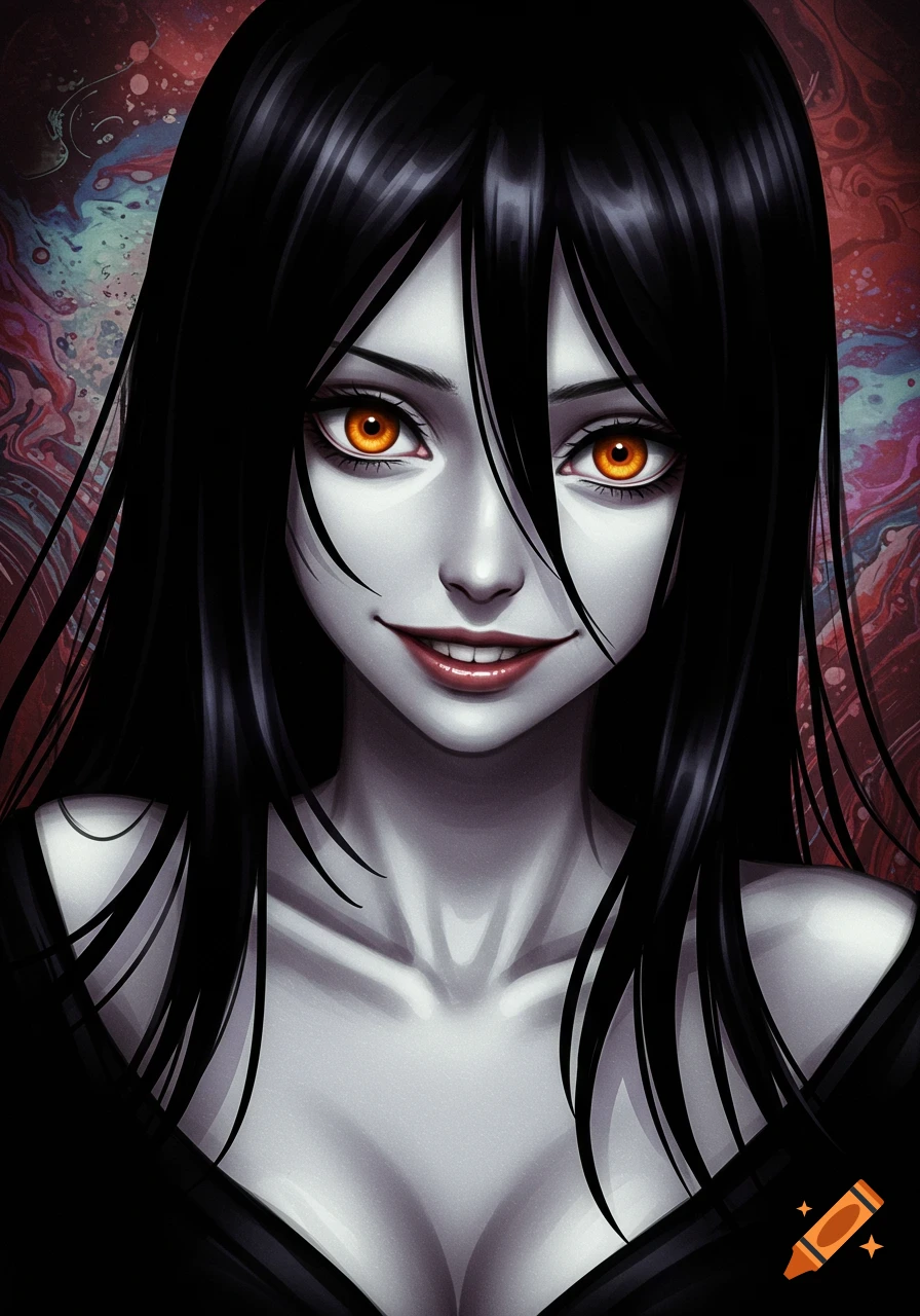 Close up of a woman with pale skin, black hair, and striking orange eyes smiling slightly, in an anime style.