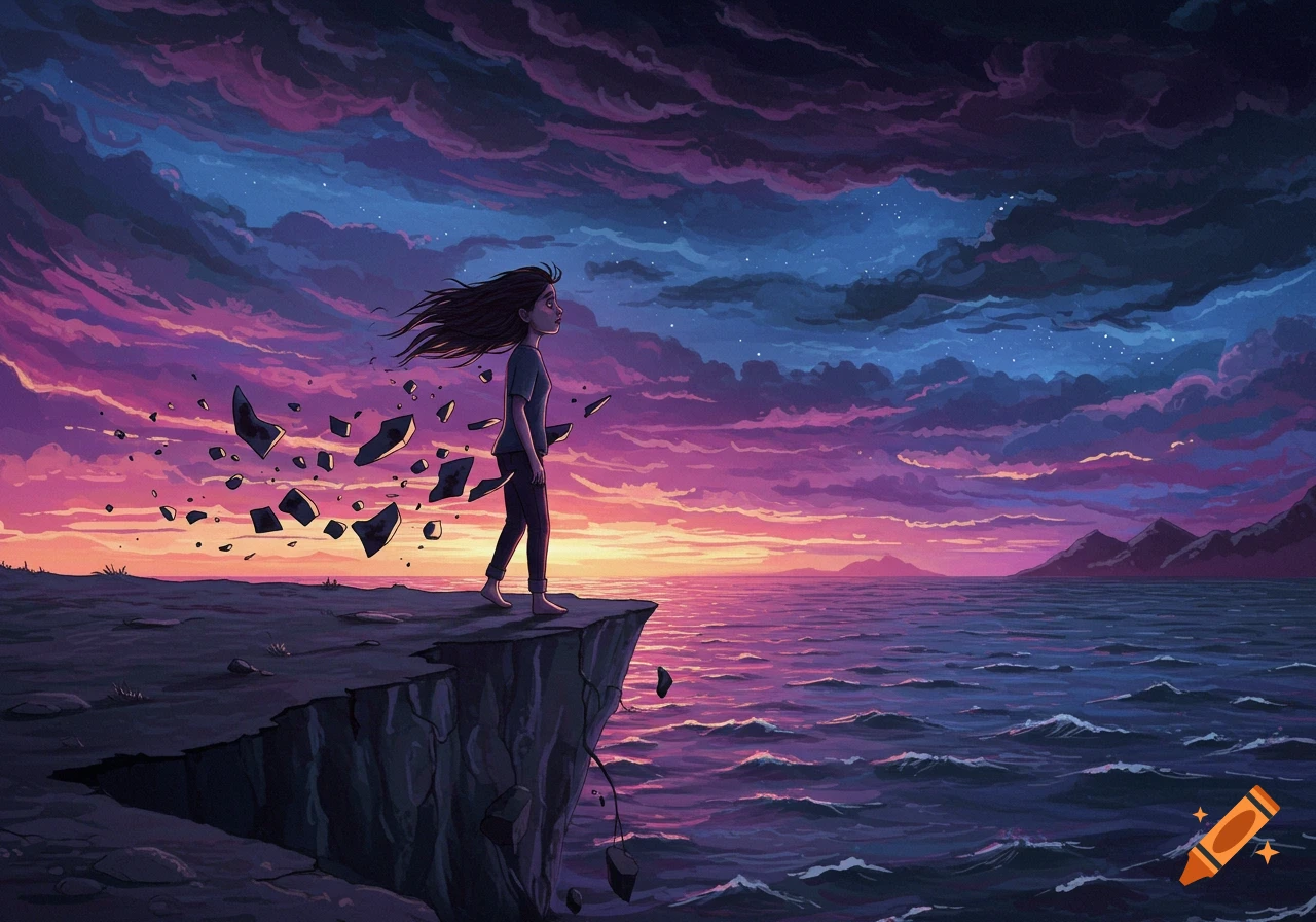 A person stands on a crumbling cliff edge, overlooking a vibrant sunset over the ocean.