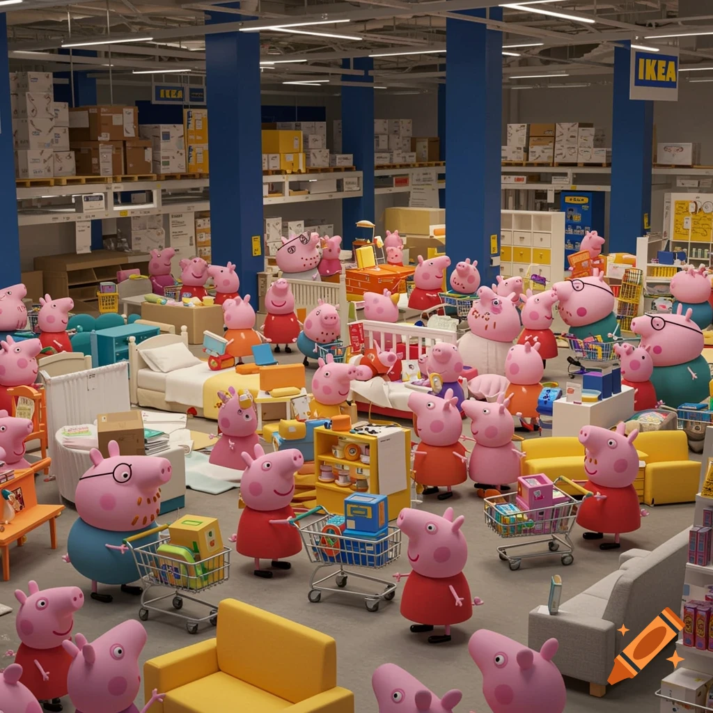 Peppa Pig characters shopping in a crowded IKEA store, 3D animation style.