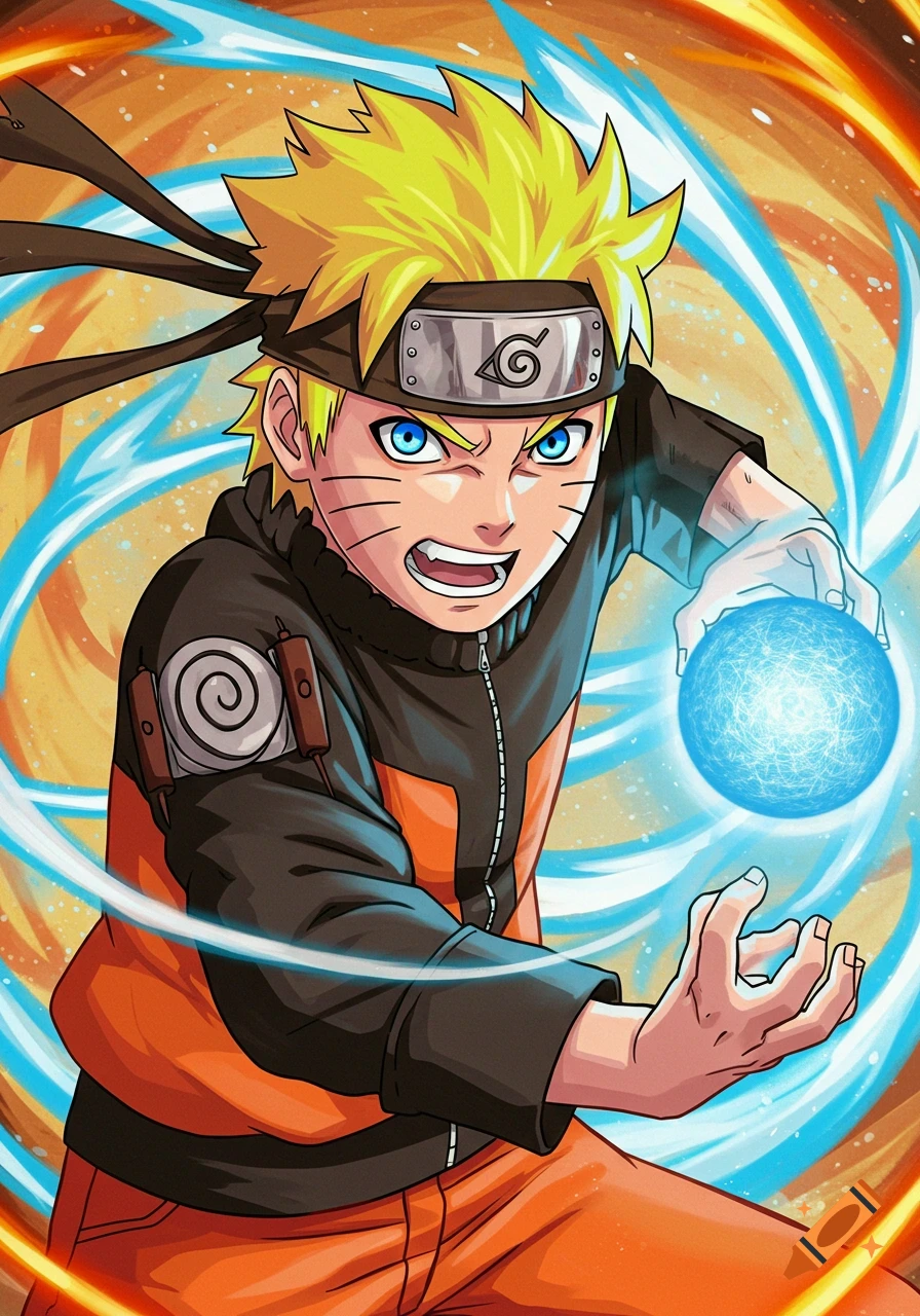 Naruto in a black and orange jacket casts a blue energy orb.