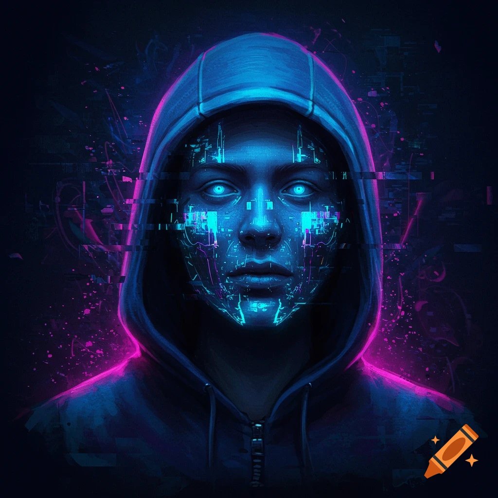 A digital portrait of a hooded figure with a glitched, cybernetic face glowing with blue light against a dark background.