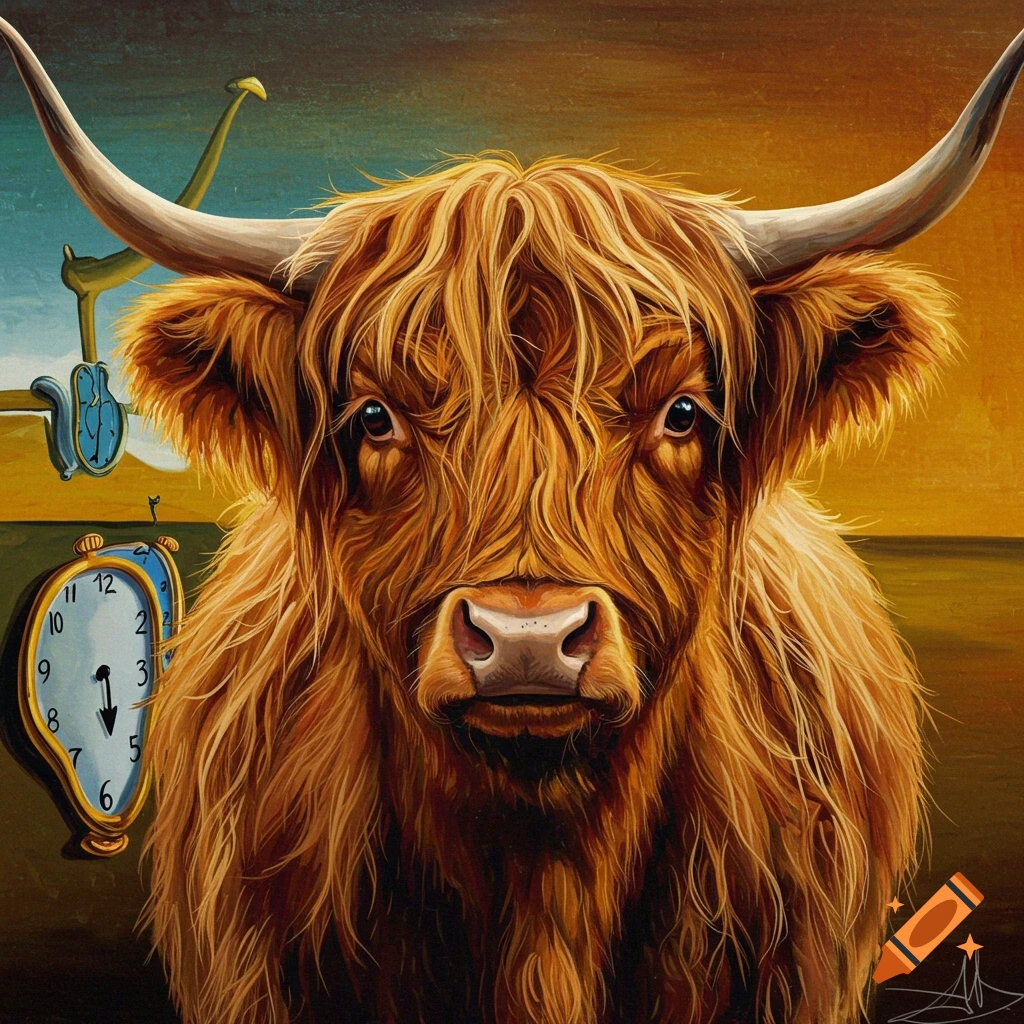 The head of a Highland cow in the style of Salvador Dali, with melting clocks in the background.