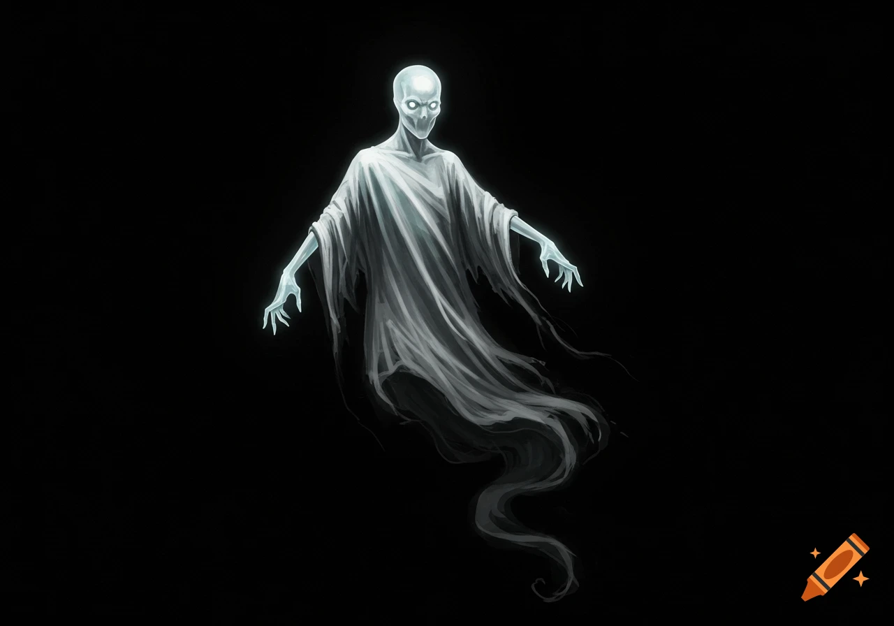 A pale, spectral figure in a white shroud floating in darkness.