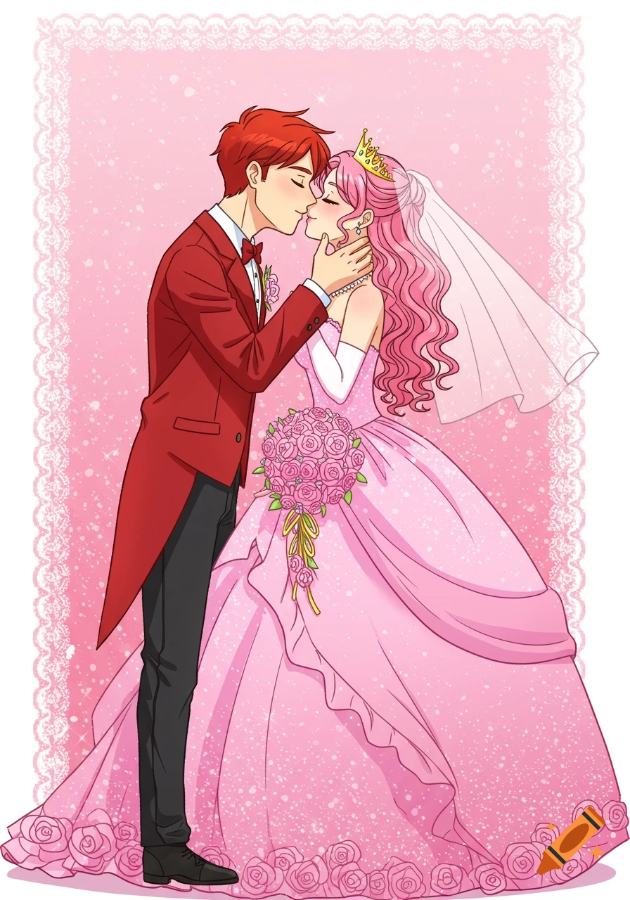 An anime wedding couple in a red tux and pink gown kiss.