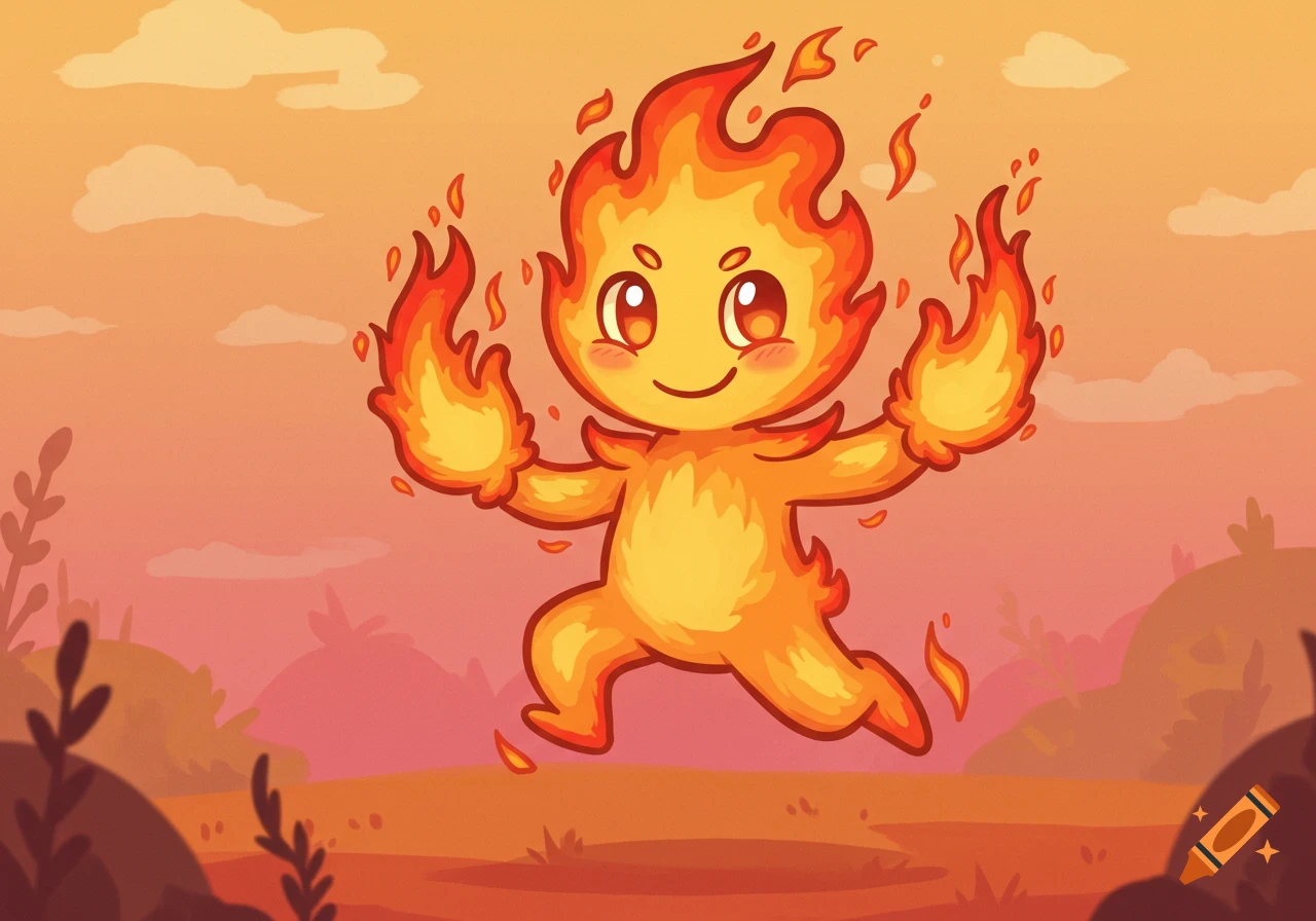 Cartoon illustration of a cute fire elemental creature jumping in a landscape.