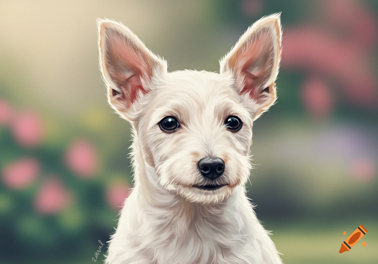 A white dog with tall ears is looking at the camera.